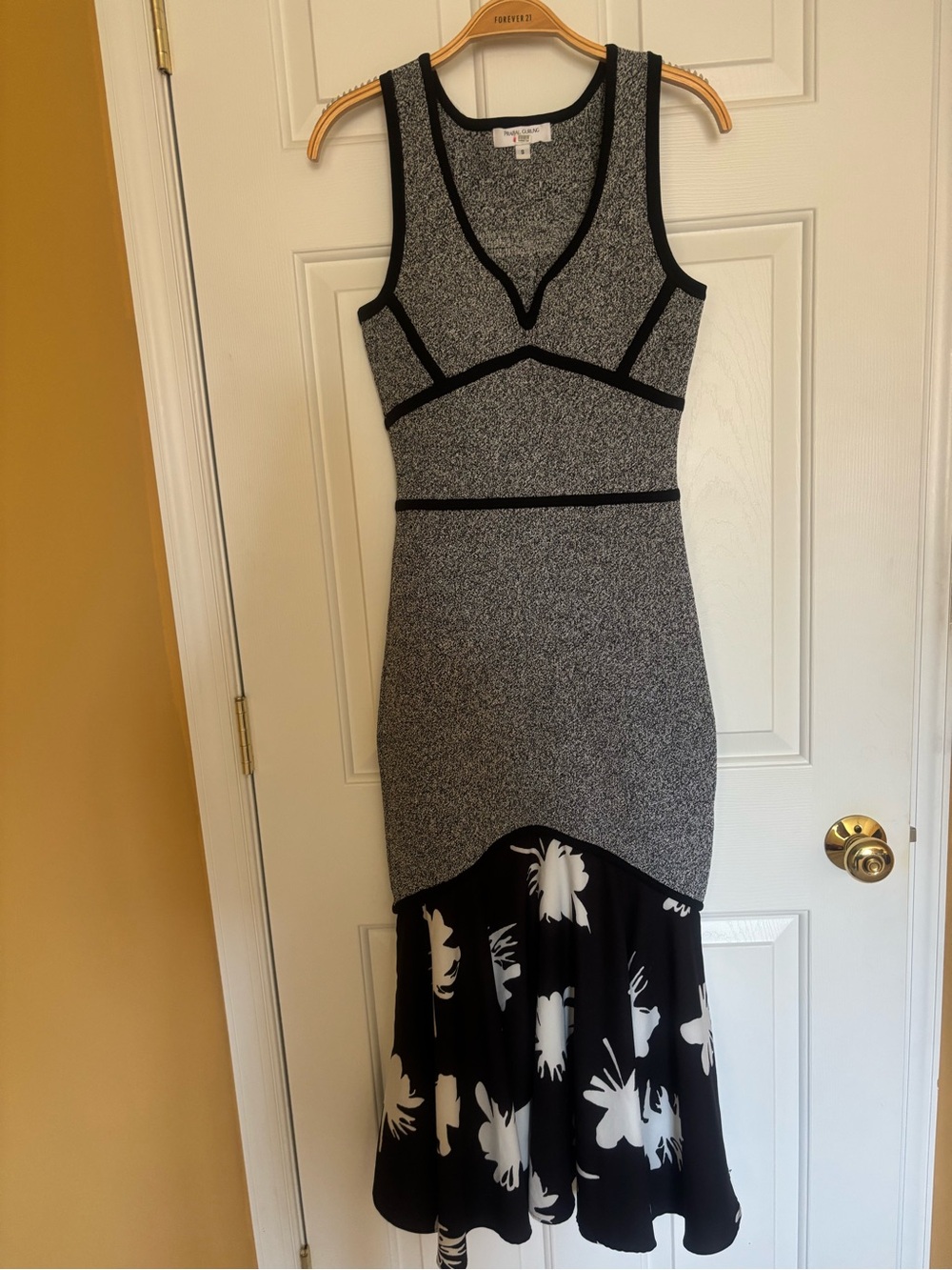 Prabal Gurung Gray & Black Textured Midi Dress with Floral Flounce